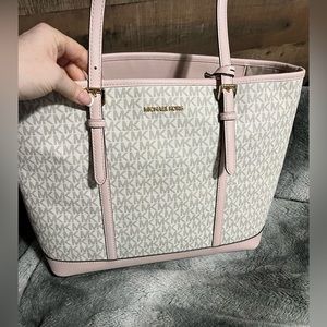 Michael Kors Charlotte Ciara Top Zip Tote Vanilla MK Signature Pink Powder Blush
